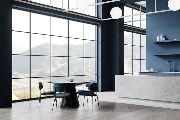 Vista Canto Interior Restaurante Azul Com Mesa Jantar Cadeiras Fileira — Fotografia de Stock