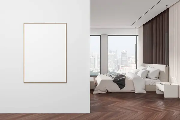 Modern home bedroom interior bed and beige bedding. Sleep room with panoramic window on Singapore skyscrapers. Mock up canvas copy space poster. 3D rendering