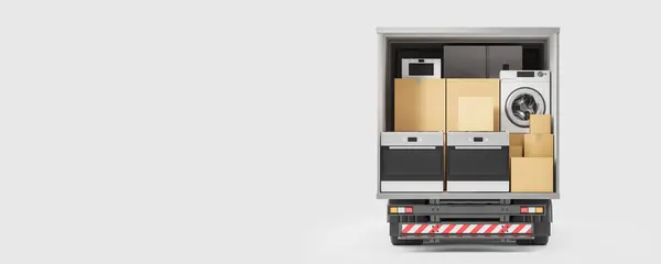 Delivery Van Back View Home Kitchen Appliances Cardboard Boxes Empty — Stock Photo, Image