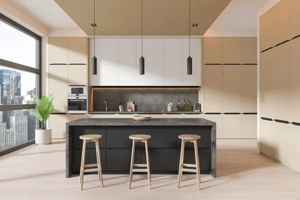 Interior Stylish Kitchen Beige Walls Wooden Floor White Cupboards Beige — Stock Photo, Image