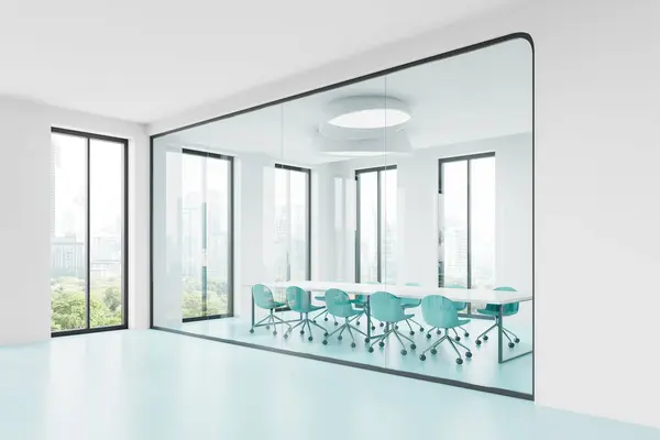 在曼谷摩天大楼上 玻璃与彩色扶手椅和木板 浅蓝色地板和全景窗相遇的角落景观 3D渲染 — 图库照片