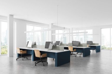 Beyaz duvarları, beton zemini ve parlak sarı sandalyeli mavi bilgisayar masaları olan modern çalışma odasının köşesi. 3d oluşturma