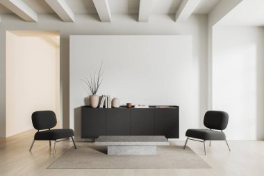 İki koltuk ve kahve sehpası, sanat dekorasyonu ve kitapları olan siyah büfe, beton zeminde halı. Model boş duvar. 3B görüntüleme