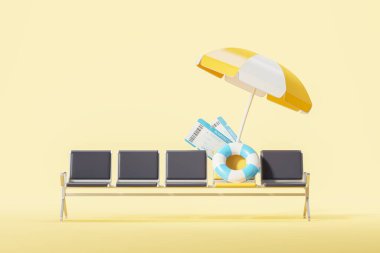 Havaalanı koltuklarında sarı arka planda güneş şemsiyesi altında uçak biletleri ve can simidi görünüyor. Tatil ve seyahat kavramı. 3d oluşturma