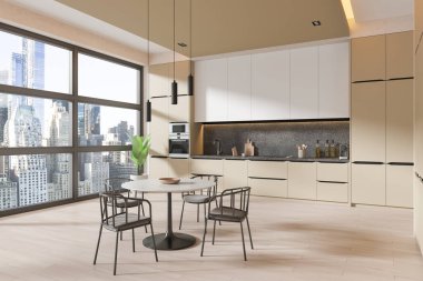 Bej duvarlı, ahşap zemin, beyaz dolaplar, bej dolaplar ve sandalyeli yuvarlak yemek masası olan şık bir mutfak köşesi. 3d oluşturma