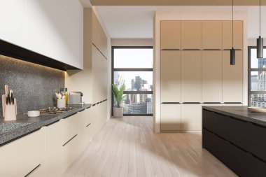 Şık bir ev mutfağı, bar adası, mutfak gereçleri ve soba. New York gökdelenlerinde panoramik pencereli modern yemek alanı. 3B görüntüleme