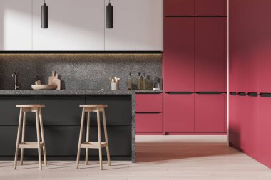 Bar adası ve taburesiyle lüks ev mutfağı, mutfak gereçleri ile kırmızı dolap. Minimalist mobilyalarla yer kaplamak, ahşap zemin. 3B görüntüleme