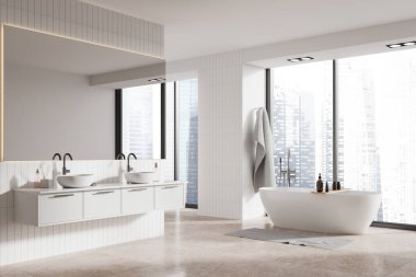 Evin banyo manzarası, banyo küveti, çift lavabo, beton zemin. Minimalist mobilyalarla banyo alanı. Singapur gökdelenlerinin panoramik penceresi. 3B görüntüleme