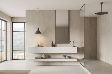 Beton bej otel banyosu lavabo, aksesuar ve dekorasyonla dolu raf. Kırsal alanda cam bölme ve panoramik pencereli duş. 3B görüntüleme