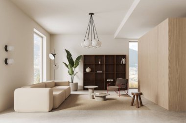 Beyaz duvarları, beton zemini, rahat beyaz koltuğu ve sehpanın yanında duran koltuğu olan şık bir oturma odası. 3d oluşturma