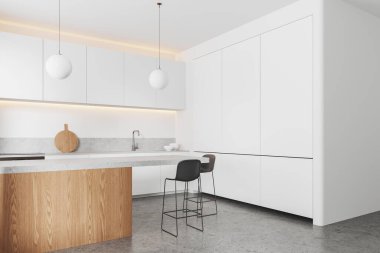 Bar tezgahı, tabure, lavabo ve mutfak gereçleri ve rafları olan lüks ev mutfağı manzarası. Aletleri olan beyaz yemek alanı. 3B görüntüleme