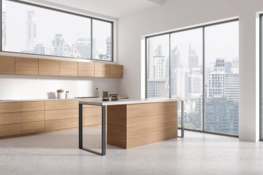 Bar tezgahı, ahşap raflar ve mutfak gereçleri olan ev mutfağı manzarası. Bangkok gökdelenlerinin panoramik penceresi. 3B görüntüleme