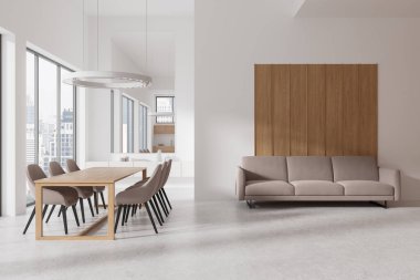 Beyaz ev stüdyosunun içinde yemek masası ve sandalyeler, yemek dolabı ve bej kanepeli dinlenme alanı var. Bangkok gökdelenlerinin panoramik penceresi. 3B görüntüleme