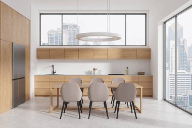 Lüks mutfak masası, sandalyeler, ahşap mutfak rafları ve buzdolabı. Bangkok gökdelenlerinin panoramik penceresi. 3B görüntüleme