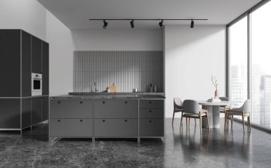 Barın içi karanlık mutfak tezgahı ve sandalyeli yemek masası Singapur gökdelenlerinde panoramik pencereli yemek ve yemek alanı. 3B görüntüleme