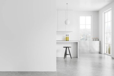 Lüks mutfak, bar tezgahı, mutfak gereçleri olan dolap rafları. Panoramik pencereli beyaz ve metal pişirme alanı. Boşluğu kopyalamak için duvar bölümü boş. 3B görüntüleme