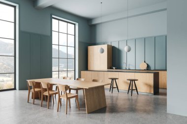 Otelin mutfak manzarası, yemek masası ve bar adası, mutfak gereçleri olan ahşap dolap. Modern dairede panoramik pencereli yemek ve yemek odası. 3B görüntüleme