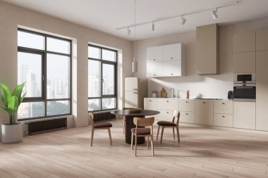 Ev mutfağının iç mekan manzarası yemek masası ve sandalyeler, bej mutfak gereçleri ile bej yemek dolabı. Modern dairede yemek alanı. Singapur gökdelenlerinin panoramik penceresi. 3B görüntüleme
