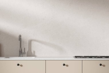Minimalist ev mutfağı. Lavabo, gaz ocağı, taş tezgah ve boş fotokopi duvarı var. Modern apartmandaki minimalist bej yemek alanına yakın çekim. 3B görüntüleme