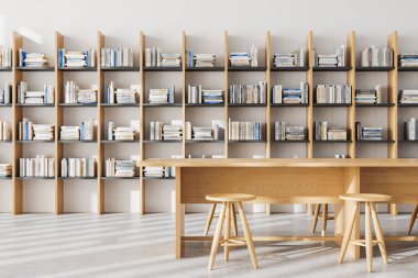 Beyaz şık kütüphane içi uzun ahşap kitaplık içinde kitaplar, minimalist masa ve ahşap bar taburesi. Okuma ya da öğrenme alanı. 3B görüntüleme
