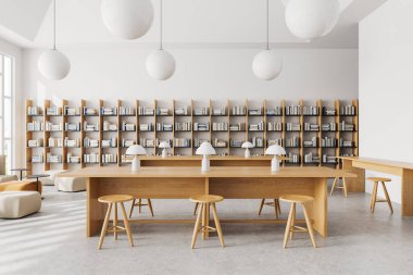 Samimi minimalist kütüphane. Ahşap masa, sıra sıra bar taburesi, kitaplarla dolu kitaplık. Kanepe, sehpa, panoramik pencere. 3B görüntüleme