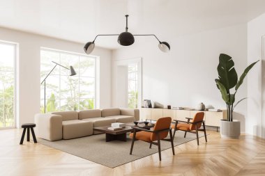 Otel odasının iç manzarası kanepe, iki eski koltuk, çekmece ve sanat süslemeli kahve masası. Tropik bölgelerde panoramik pencere. 3B görüntüleme