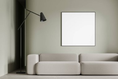 Modüler kanepesi ve beton zemininde lambası olan modern bir ev oturma odası. İskandinav rahatlama yeri ve duvardaki kare tuval posteriyle dalga geçmek. 3B görüntüleme