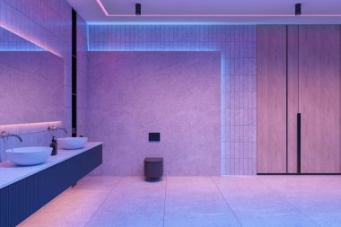 Modern banyo, beyaz duvarlar, beton zemin, rahat çift lavabo, uzun ayna ve mor neon ışıklar. 3d oluşturma