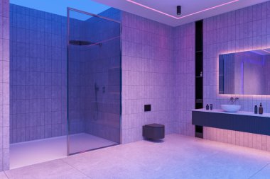 Neon Otel 'in içi cam duşlu, çift lavabolu, gösterişli ve duvarlı tuvaletli. Aksesuarlar ve gece ışıklarıyla banyo köşesi. 3B görüntüleme