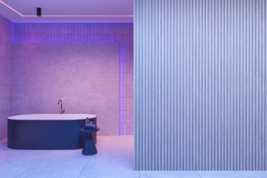 Neon ev banyosu, banyo küveti, yan masa, taş döşeme. Modern dairede neon ışıklı banyo alanı. Boş kopya uzay duvarı bölümü. 3B görüntüleme