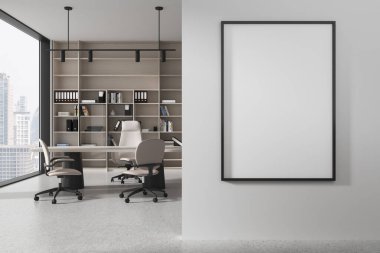 Modern ofis masası, sandalyeler, Bangkok gökdelenlerinin panoramik penceresi. Raflı ve belgeli Ceo işyeri. Bölüme uzay posteri kopyala. 3B görüntüleme