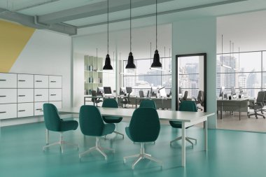 Ofis içi, toplantı masası ve sandalyeli köşe manzarası, beton zemini olan yan görüş konferans alanı. Bangkok gökdelenlerinin panoramik penceresi. 3B görüntüleme