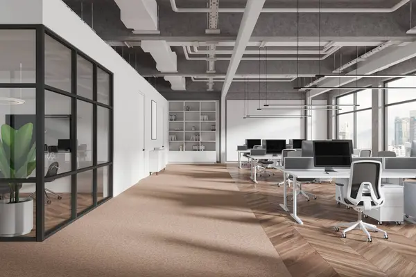 Interno Ufficio Open Space Stile Industriale Con Pareti Bianche Pavimento — Foto Stock