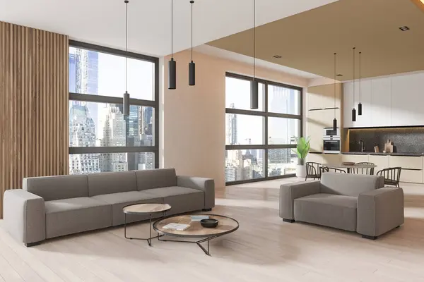 Cozy home studio interior with sofa and coffee table, hardwood floor. Cooking cabinet and dining table with chairs. Panoramic window on New York skyscrapers. 3D rendering