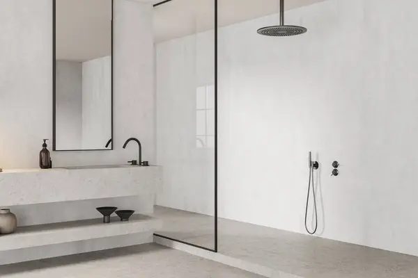 Ecke Des Modernen Badezimmers Mit Betonwänden Und Fußboden Bequemer Dusche — Stockfoto
