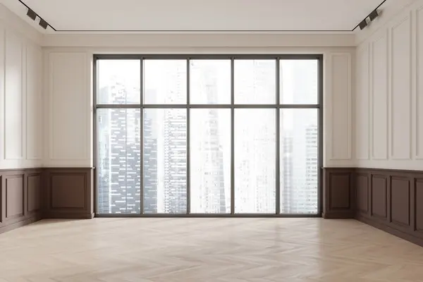 Beyaz Kahverengi Duvarlı Ahşap Zemin Modern Şehir Manzaralı Büyük Pencereli — Stok fotoğraf