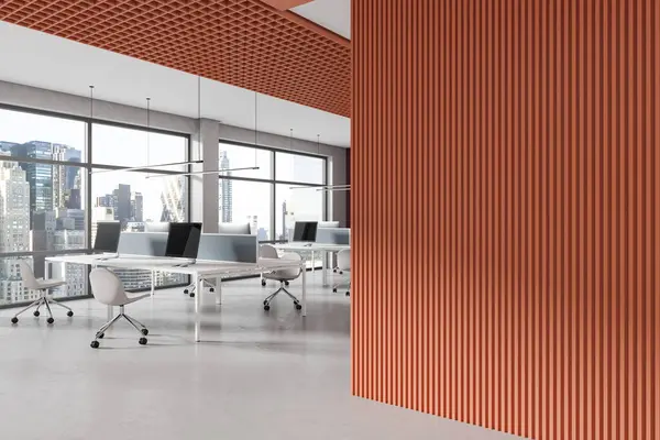 Angolo Moderno Ufficio Open Space Con Pareti Bianche Arancioni Pavimento — Foto Stock