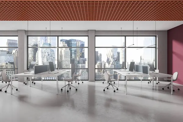 Interno Moderno Ufficio Open Space Con Pareti Bianche Arancioni Pavimento — Foto Stock