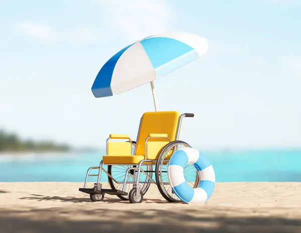Yellow wheelchair and beach accessories, summer vacation, holiday trip for disabled people. Concept of inclusive traveling and transportation. 3D rendering illustration