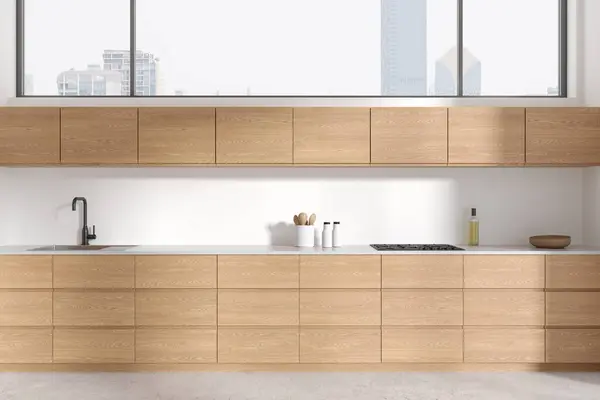 Stilvolle Wohnküche Mit Holzschrank Spüle Und Gasherd Regalen Und Geschirr — Stockfoto