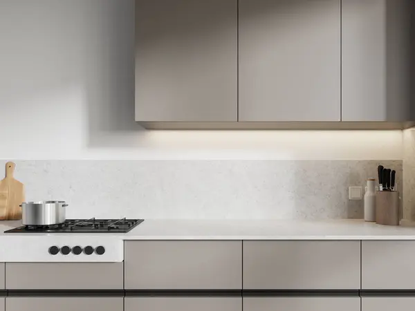 Beige Moderne Wohnküche Mit Herd Und Topf Messer Und Schneidebrett — Stockfoto