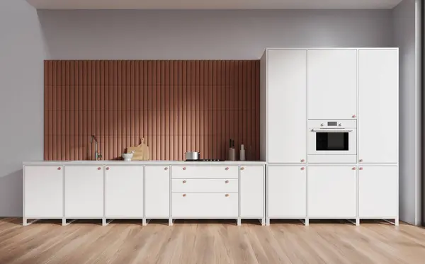 白とベージュの壁とスタイリッシュなキッチンのインテリア 木製の床 調理器具とシンクで構築された快適な白いキャビネット 3Dレンダリング — ストック写真