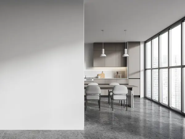 Interior Stylish Kitchen White Walls Concrete Floor Gray Cupboards Cabinets — Stock Photo, Image