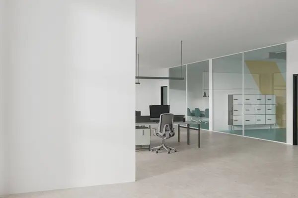 Angolo Moderno Ufficio Open Space Con Pareti Bianche Vetro Pavimento — Foto Stock