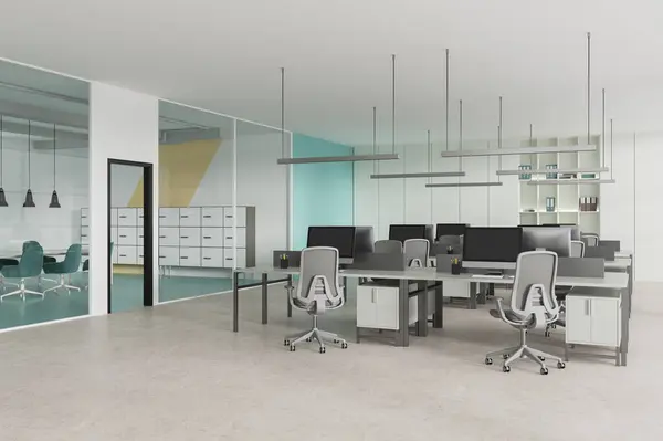 Interno Moderno Ufficio Open Space Con Pareti Bianche Vetro Pavimento — Foto Stock
