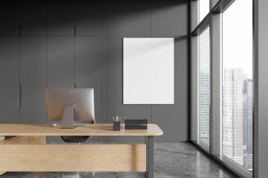 Ofis içi masası, bilgisayar, gökdelenlerin panoramik penceresi. Teknoloji ve raflı Ceo çalışma alanı. Boşluk posterini kopyala. 3B görüntüleme