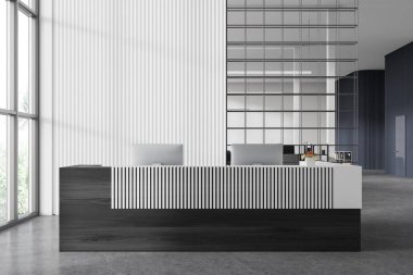 Beyaz ve mavi duvarları, beton zemini ve iki bilgisayarlı devasa gri ve ahşap resepsiyonlu modern ofis binası. 3d oluşturma