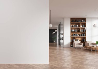 Modern ofis içi, bej koltuklar, sehpa, ahşap döşeme. Camdan çalışma alanı ve dokümanlarla dolu raf. Model boş duvar bölmesi. 3B görüntüleme