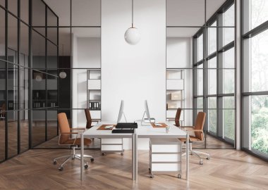 Beyaz ve ahşap ofis içi bilgisayar ve koltuklar sıra sıra, ahşap zemin. Tropiklerde panoramik penceresi olan minimalist işyeri. 3B görüntüleme