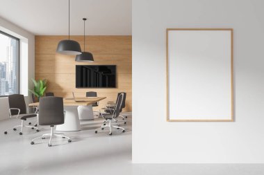 Masası ve koltukları olan şık bir ofis, panosu ve televizyon ekranı olan bir konferans odası. Bangkok gökdelenlerindeki panoramik pencere ve tuval posterleri. 3B görüntüleme